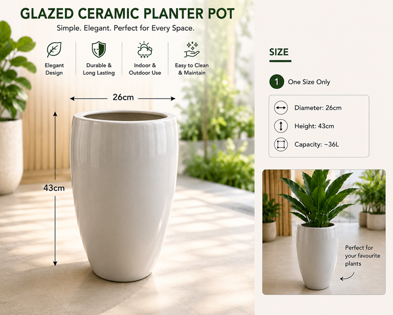 33CM-44cm (SELF COLLECTION ONLY) Premium Glazed Ceramic Planter Pot – Elegant Indoor & Outdoor Flower Pot