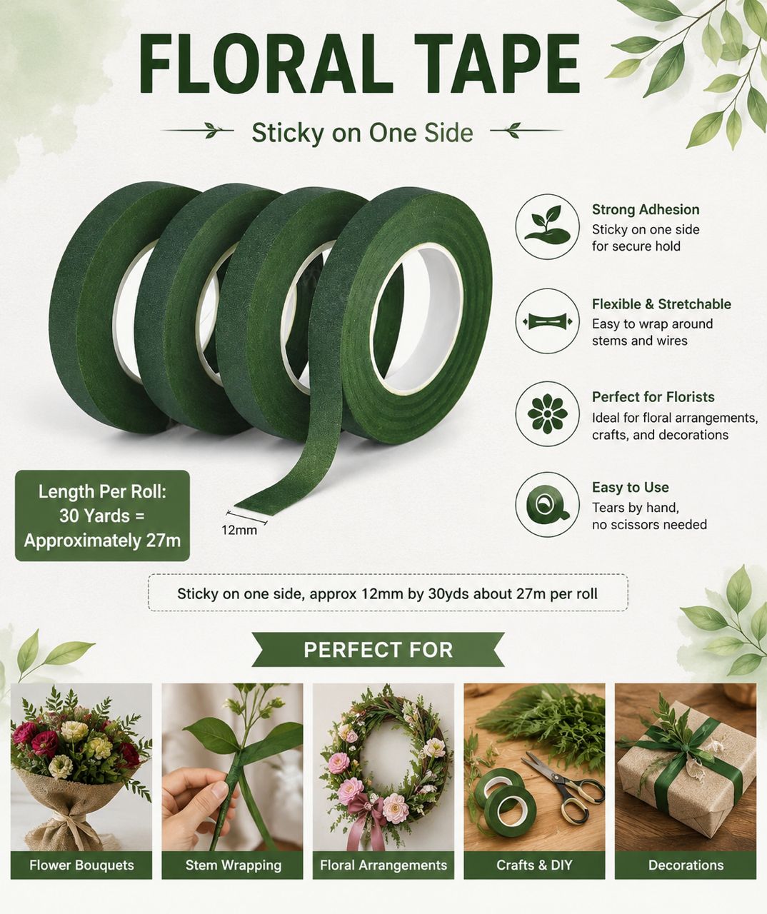 Floral Tape Roll – Flower Stem Wrapping Tape for Florist Arrangements