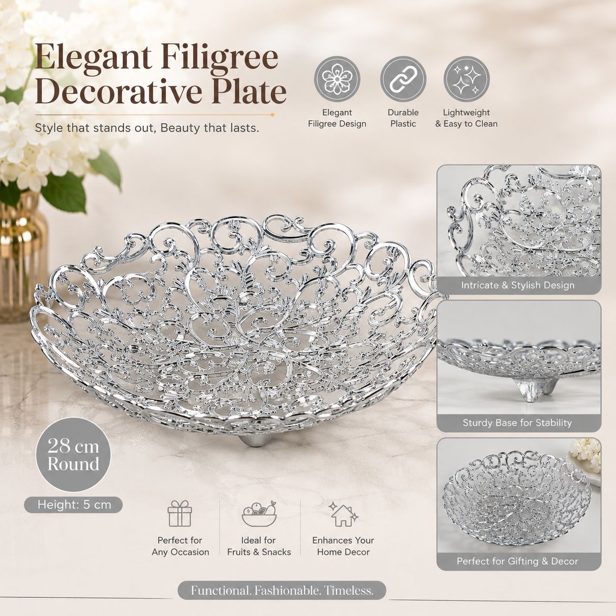 Silver wedding tray with floral accessories by Alton Flowers, ideal for elegant event and wedding decoration.