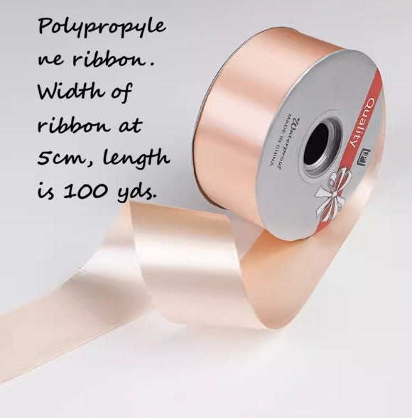 Pink polypropylene ribbon from Alton Flowers N Gifts, 5cm wide and 100 yards long, ideal for wedding and event decor.