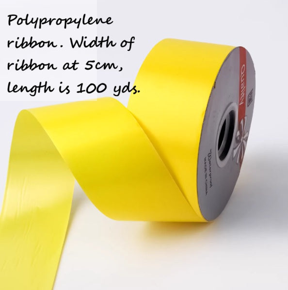 Yellow polypropylene ribbon for wedding decor, 5cm wide, 100 yards long, perfect for events and floral arrangements by Alton Flowers N Gifts.