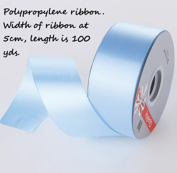 Light blue polypropylene ribbon from Alton Flowers N Gifts, 5cm wide and 100 yards long, ideal for wedding and event decor.