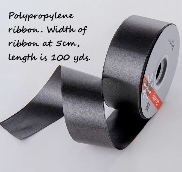 Black polypropylene ribbon from Alton Flowers N Gifts, 5cm wide and 100 yards long, ideal for wedding decor and event decorations.