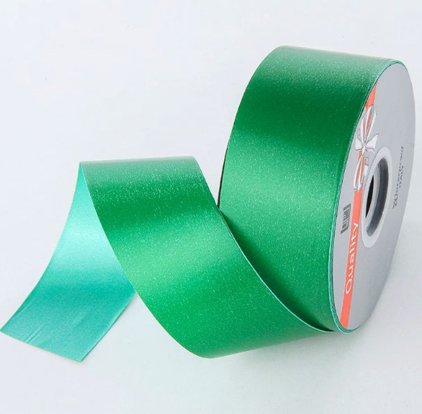 Dark green polypropylene ribbon for weddings and events, 5cm wide, 100 yards length, ideal for decor and gift wrapping.