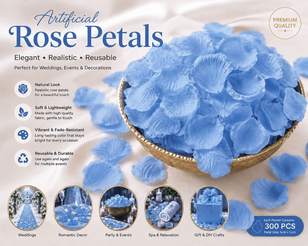 Blue artificial rose flower petals for weddings and events, decorative floral décor by Alton Flowers.