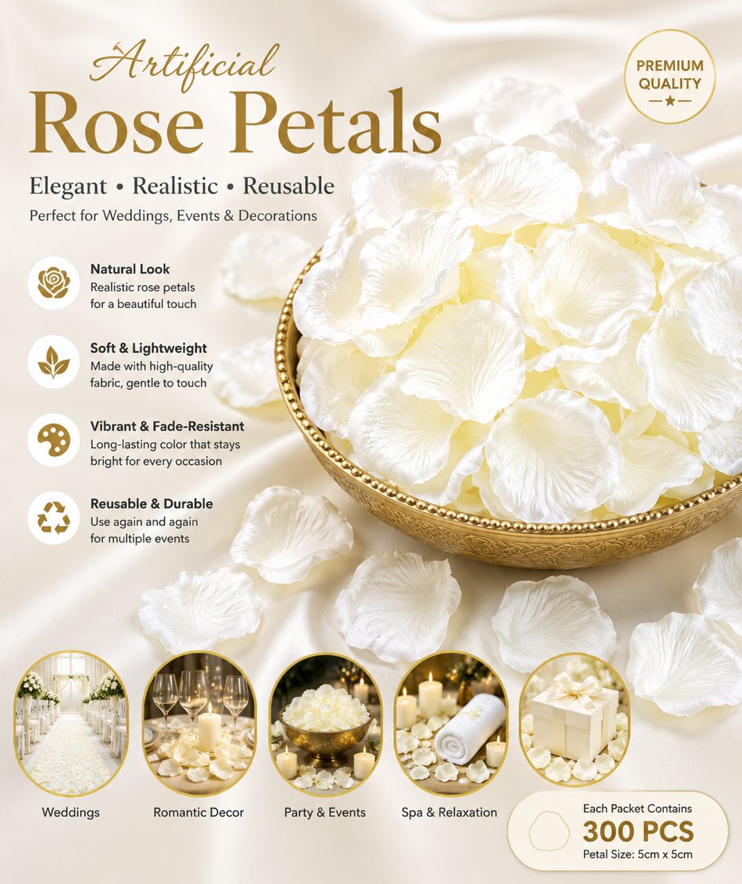 Cream artificial rose petal decor for weddings and events, featuring realistic flower petals from Alton Flowers.
