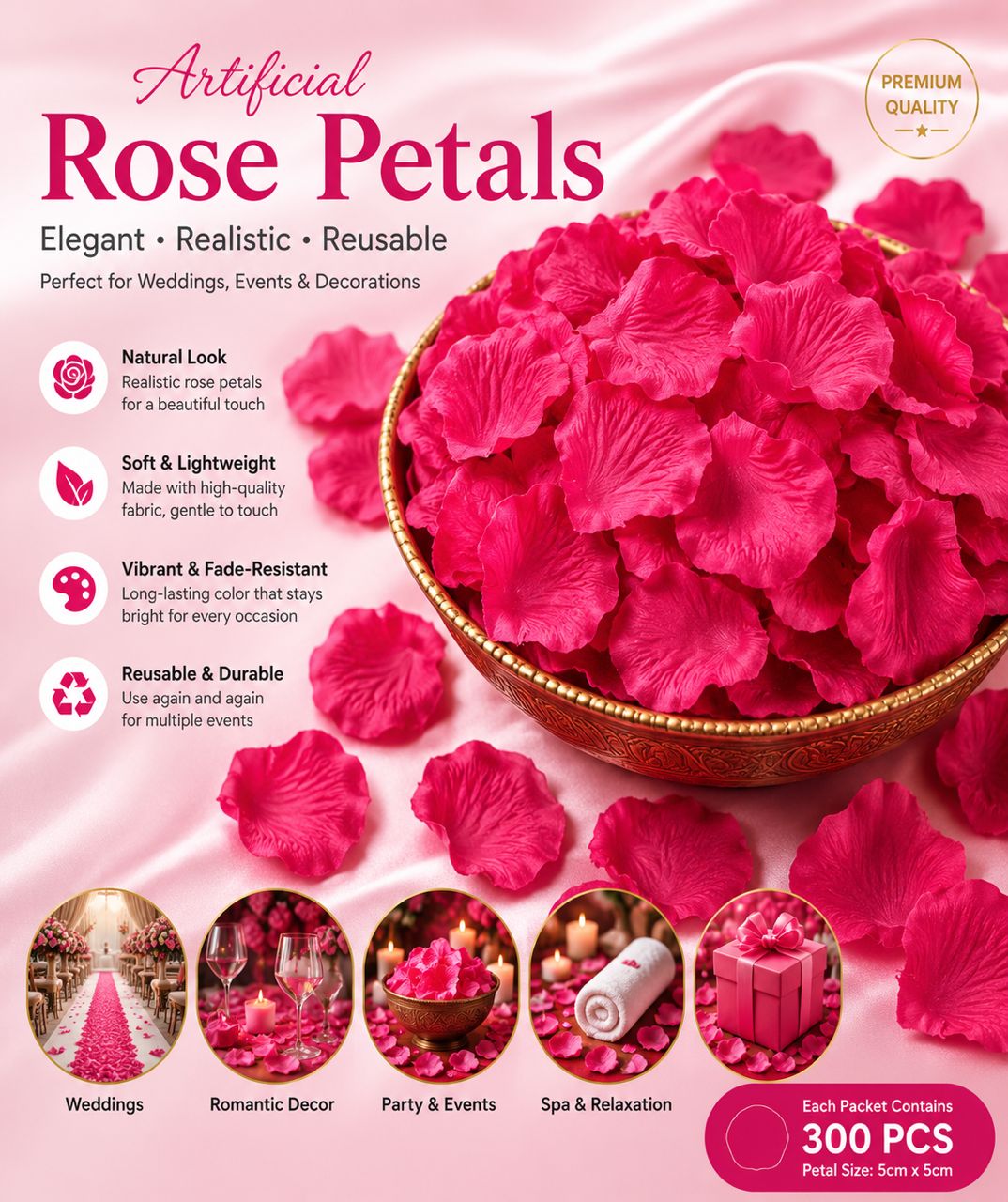 Artificial hot pink rose flower petals for weddings, events, and décor by Alton Flowers, arranged in a natural, decorative display.