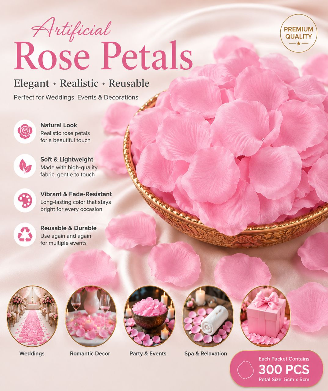 Pink artificial rose flower petals for wedding and event décor by Alton Flowers, shown scattered on a surface.