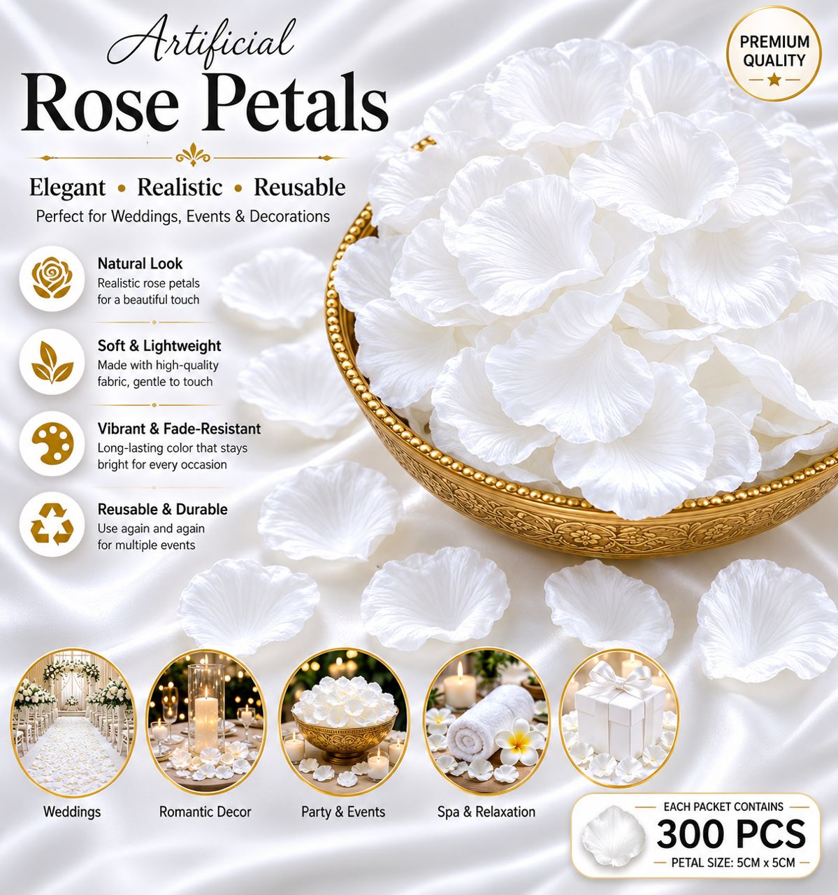 Artificial white rose flower petals for weddings and events, decorative floral décor by Alton Flowers