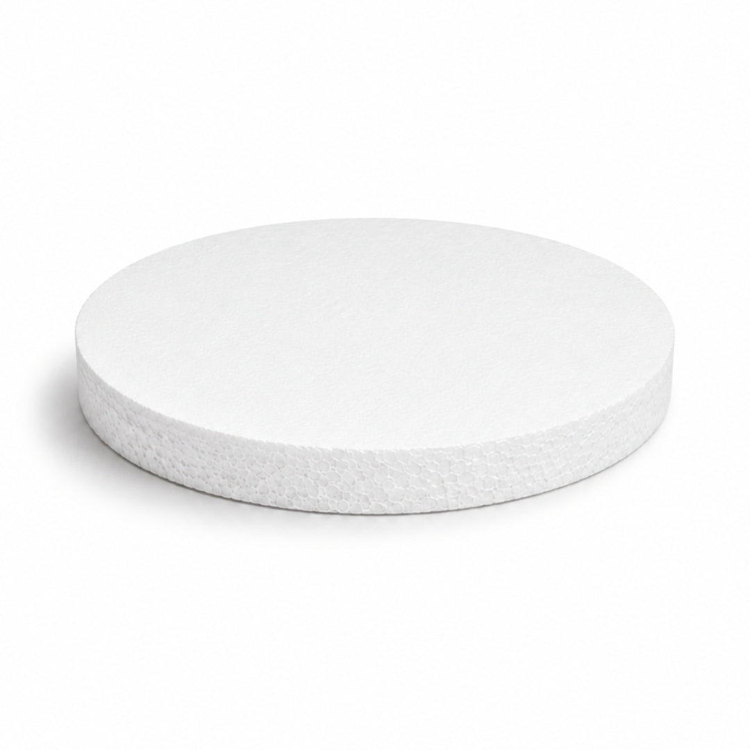 An 8 inch round by 1 inch thick slim white circular styrofoam polyfoam disc on a clean background.