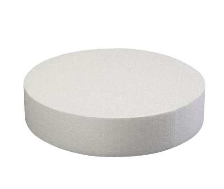 Round Styrofoam base for wedding boxes and plates, from Alton Flowers N Gifts, shown in white with smooth surface.