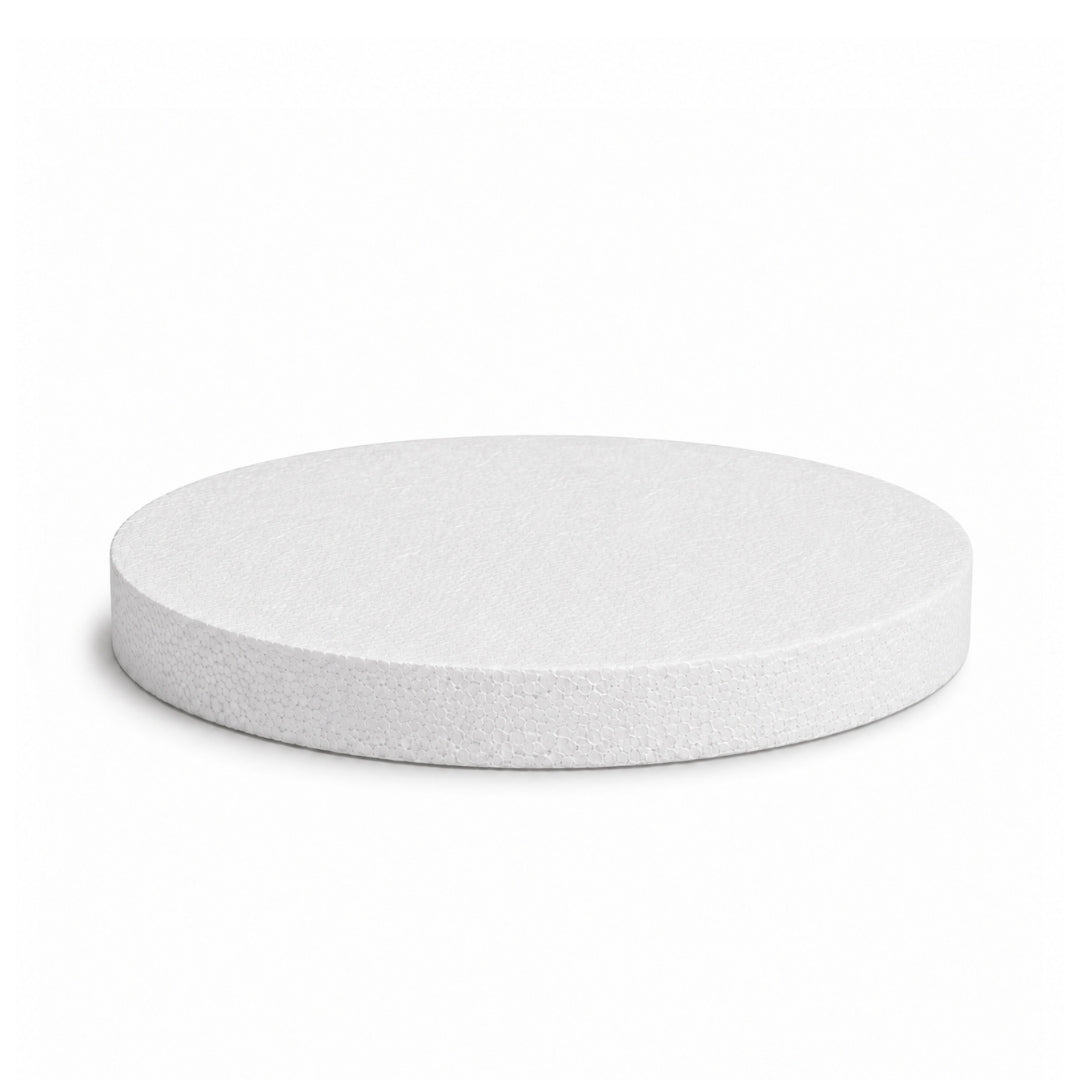 A 9 inch round by 1 inch thick slim white circular styrofoam polyfoam disc on a clean background.