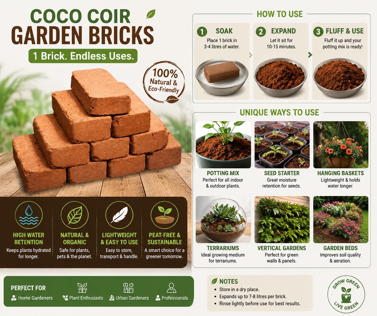 650g Cocopeat Block Growing Media | Natural Coconut Coir