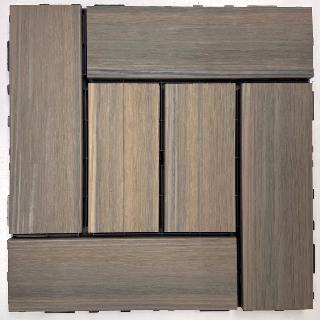 Artificial grass and stone decking tiles by Alton Flowers, 30x30cm outdoor and indoor interlocking wood and stone design.