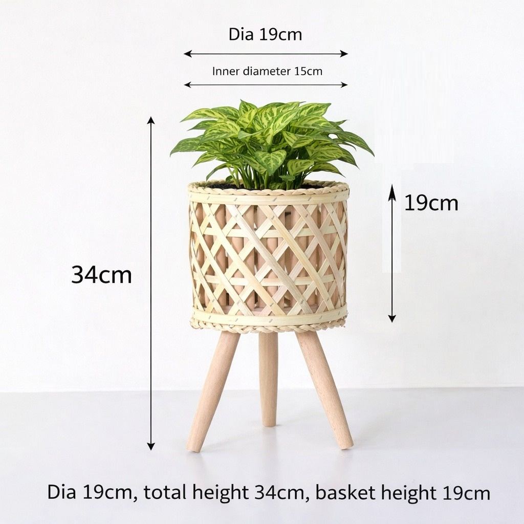 32.5cm-43.5cm Rustic Bamboo Woven Planter with Wooden Stand – Scandinavian Boho Indoor Plant Pot Aacc372 - Alton Flowers