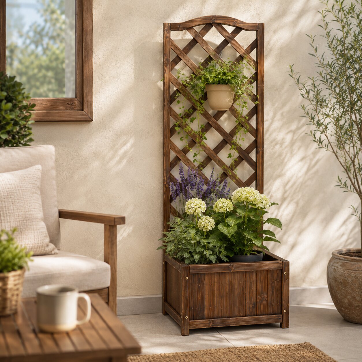 Large carbonized wooden garden trellis with integrated planter box by Alton Flowers, featuring a sturdy design and natural wood finish.