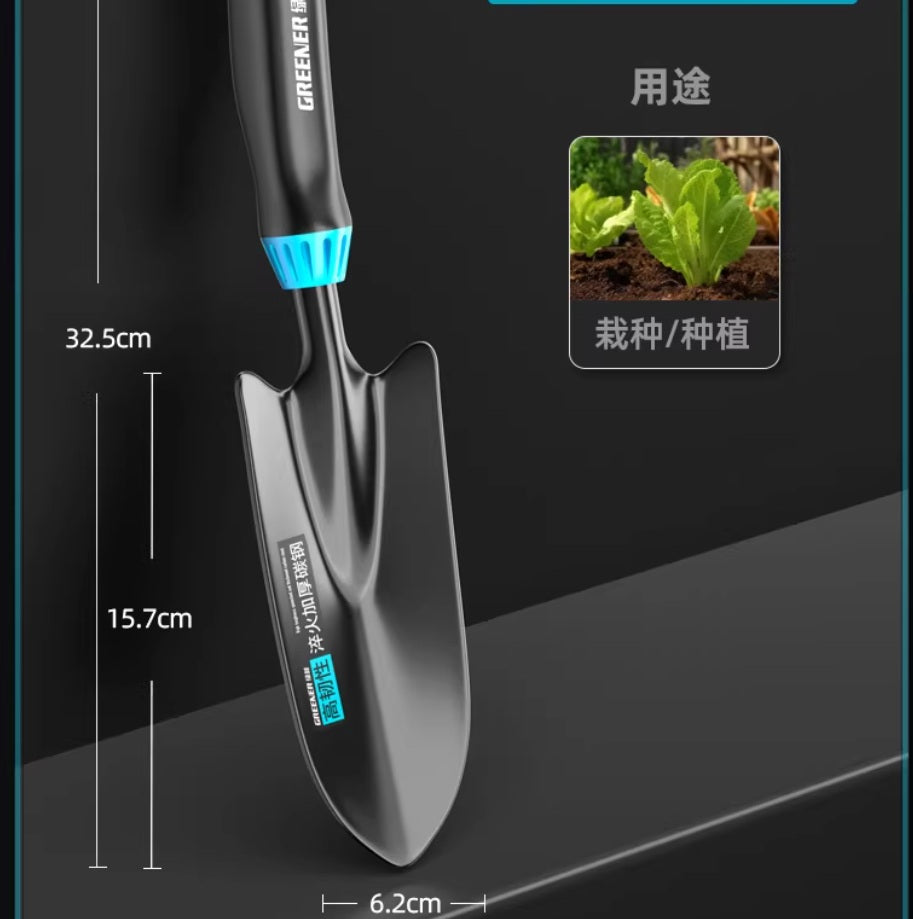 Alton Flowers gardening hand tools set including trowel, transplanter, and hand rake with ergonomic handles on a wooden surface.