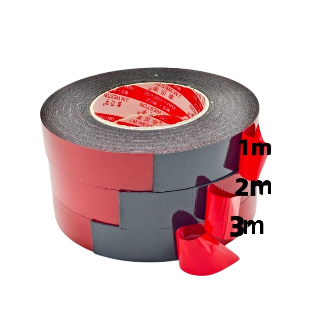 Double-sided red foam tape rolls, 2mm thick by 2cm wide, 5 meters length, by JM Weston.
