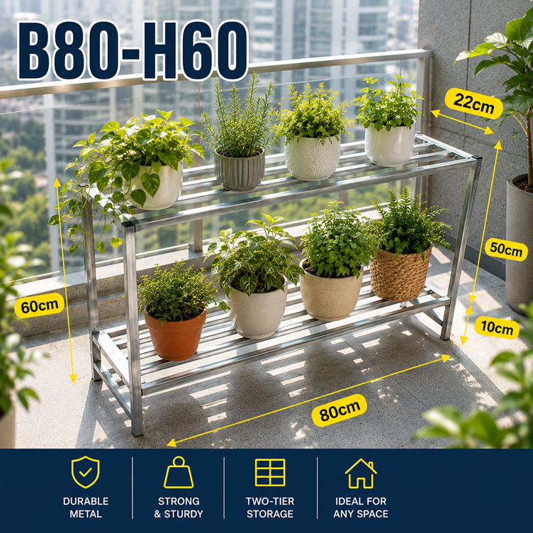 50cm Modern 2-Tier Metal Plant Rack Stand – Balcony & Indoor Planter Shelf