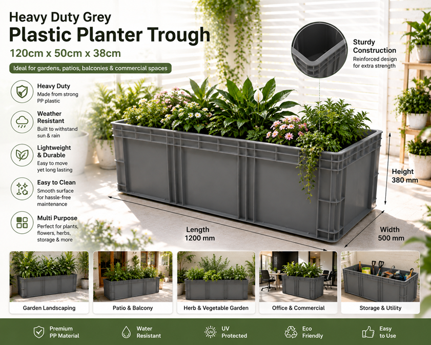 38cm Heavy Duty Grey Plastic Planter | Storage Trough – 120cm x 50cm x 38cm