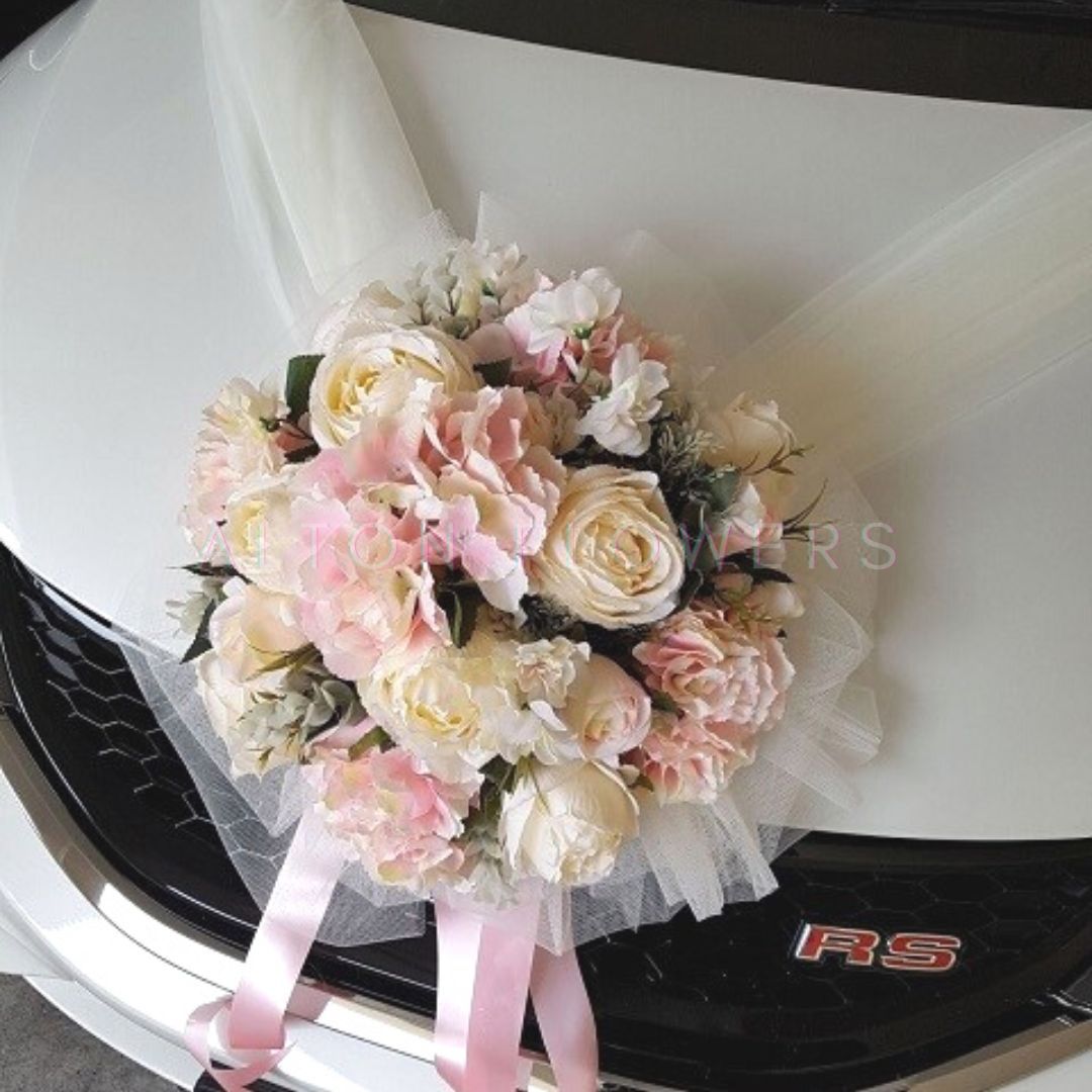 Handcrafted Bridal Wedding Car Decorations Front Bonnet Flowers Ribbon Flower Floral Silk Artificial Bouquet Centerpiece
