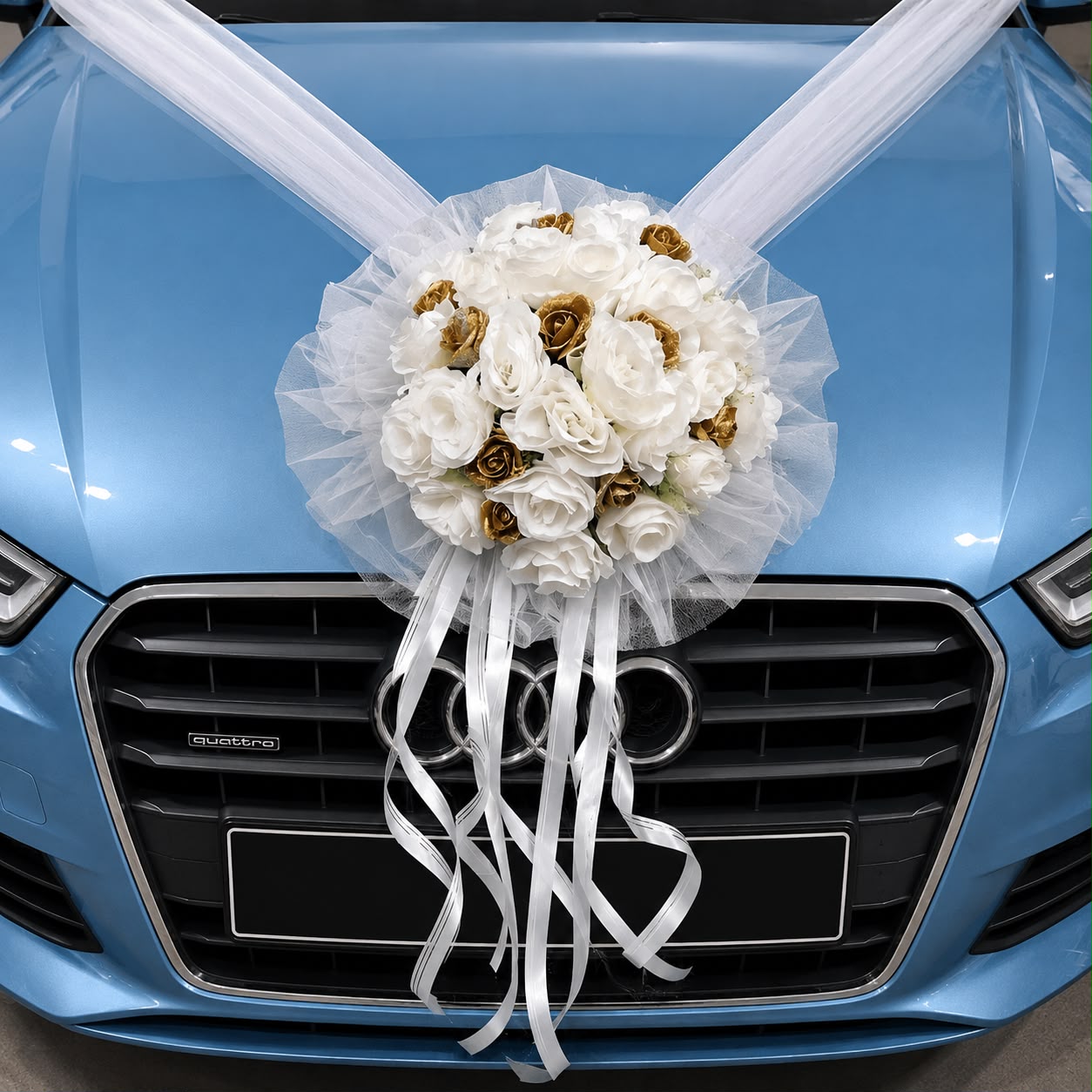 Handcrafted Bridal Wedding Car Decorations Front Bonnet Flowers Ribbon Flower Floral Silk Artificial Bouquet Centerpiece