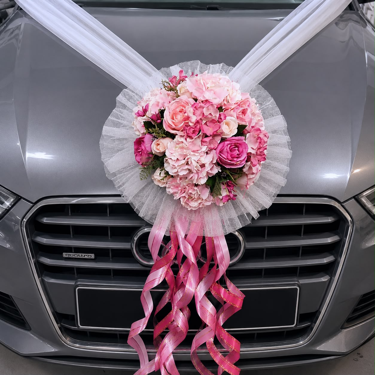 Handcrafted Bridal Wedding Car Decorations Front Bonnet Flowers Ribbon Flower Floral Silk Artificial Bouquet Centerpiece