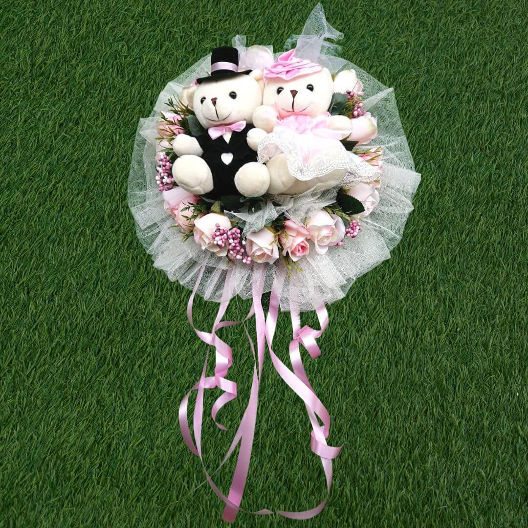 Alton Flowers plush wedding car flowers with bridal plushie and floral decorations for wedding car decor.
