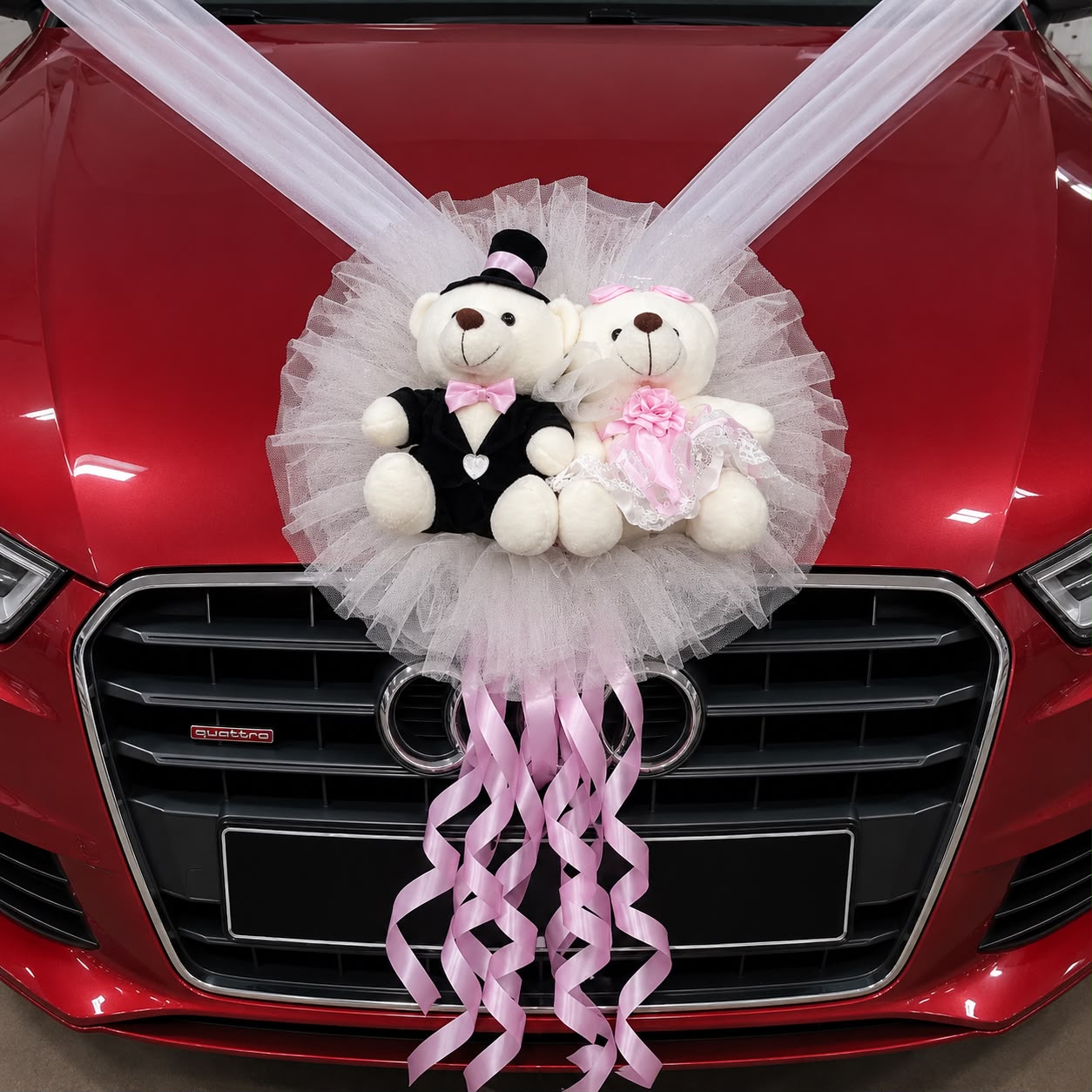 Handcrafted Bridal Wedding Car Decorations Front Bonnet Flowers Ribbon Flower Floral Silk Artificial Bouquet Centerpiece