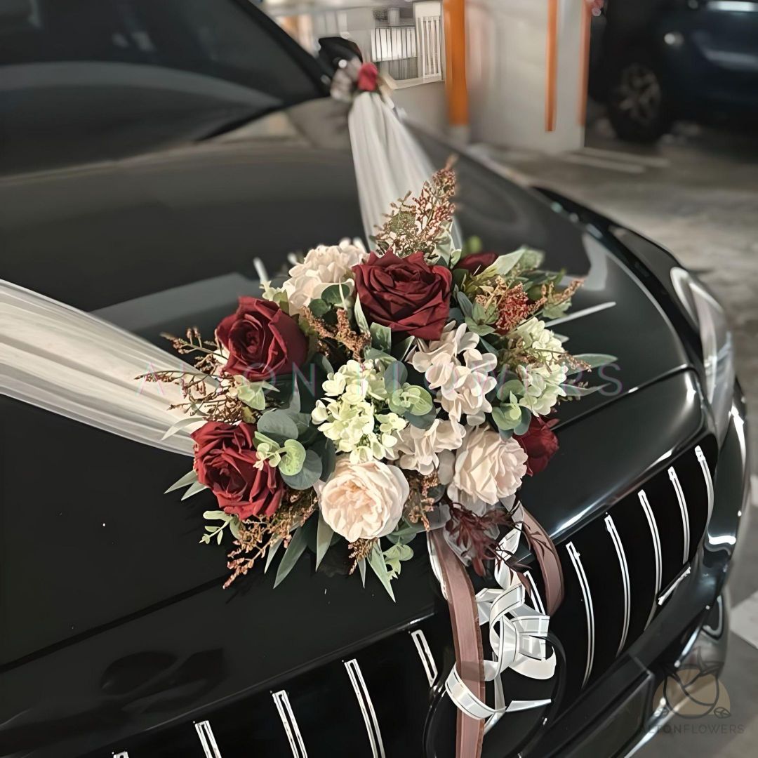 Handcrafted Bridal Wedding Car Decorations Front Bonnet Flowers Ribbon Flower Floral Silk Artificial Bouquet Centerpiece