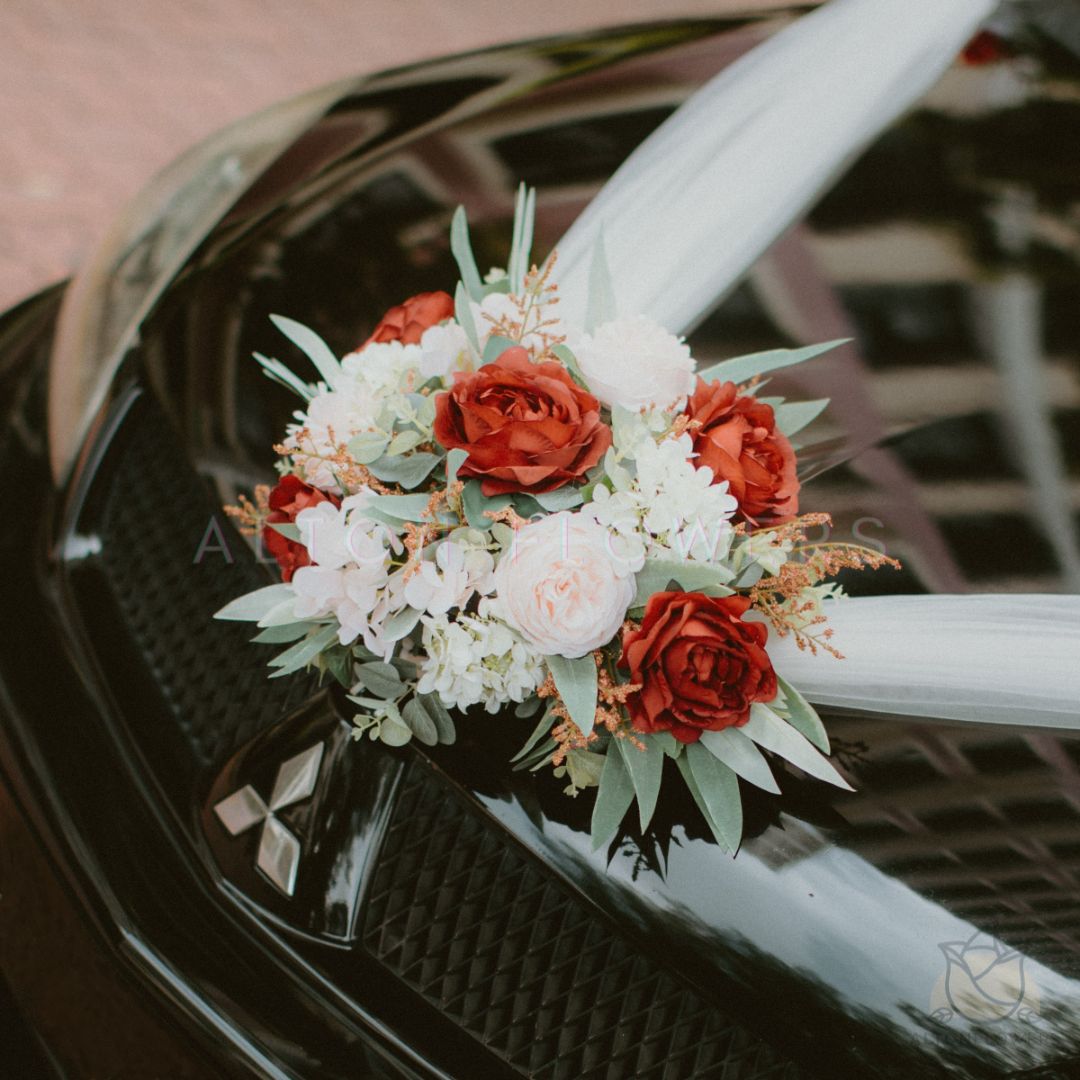 Handcrafted Bridal Wedding Car Decorations Front Bonnet Flowers Ribbon Flower Floral Silk Artificial Bouquet Centerpiece