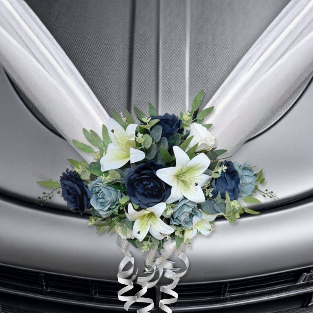 Alton Flowers Splendour wedding car flowers, modern bonnet bouquet with vibrant blooms, without netting, on a car bonnet.