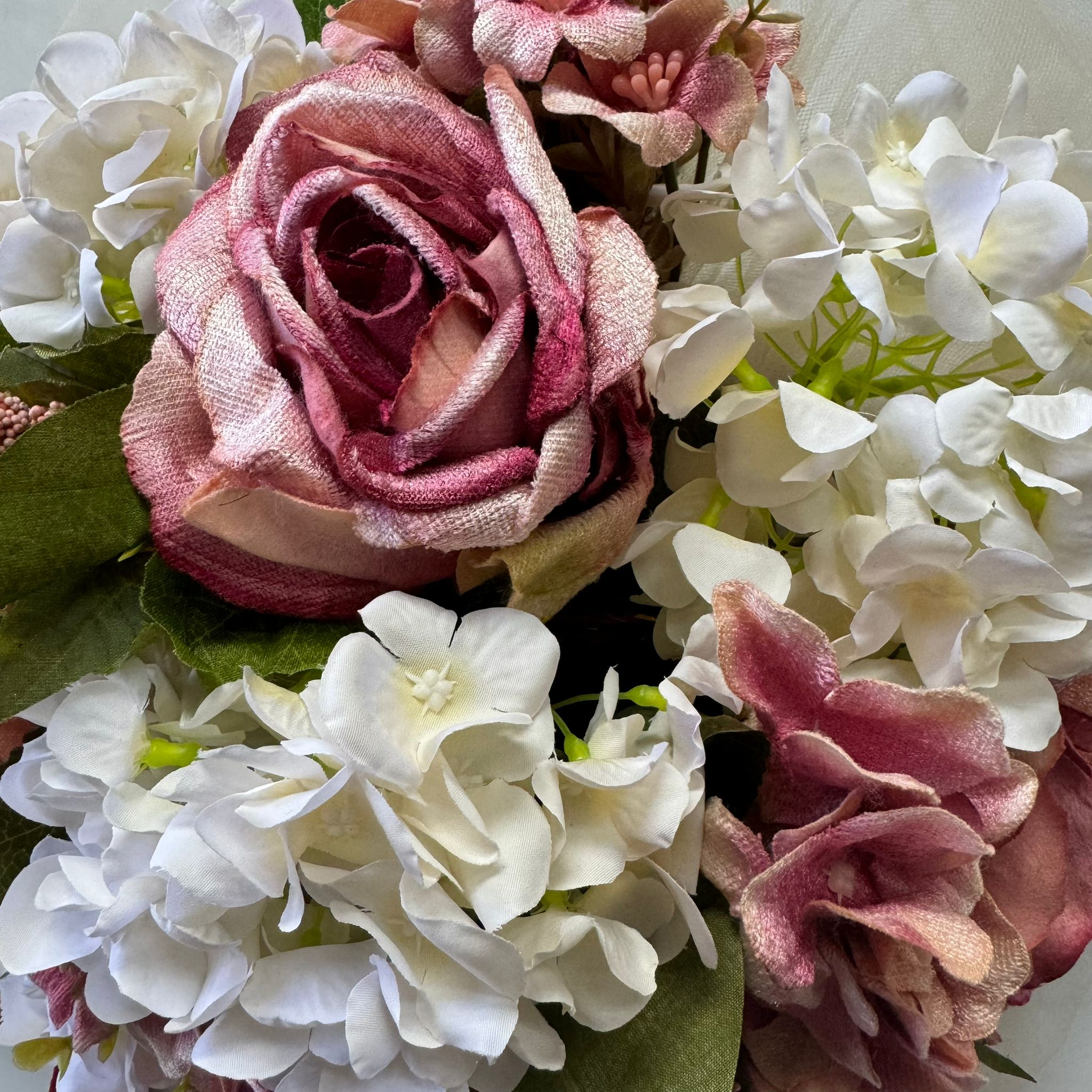 Silk Pink Roses and Cream Hydrangeas Handcrafted Bridal Wedding Car Decoration for Front Bonnet Acar038