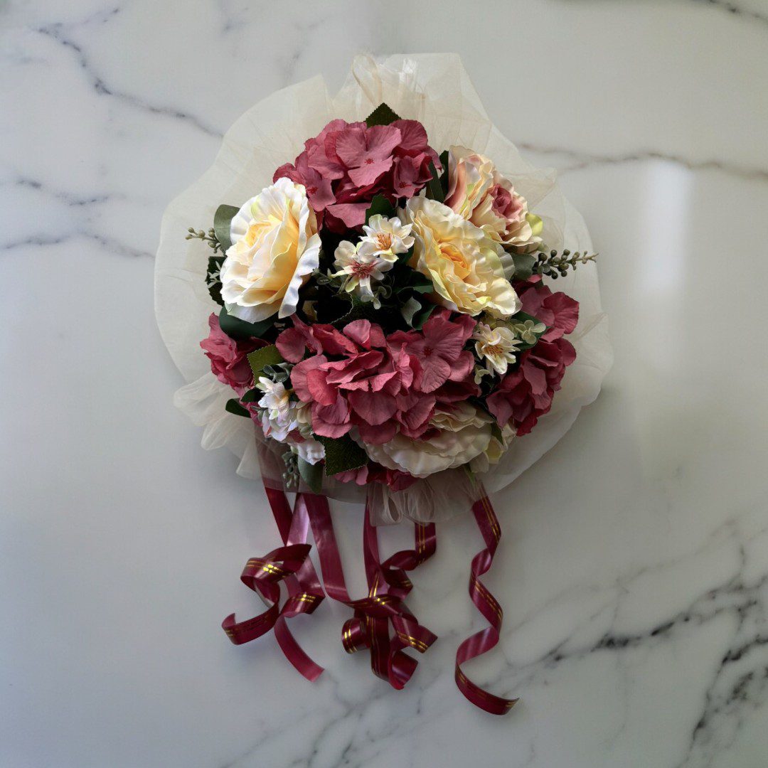 Silk Champagne Roses and Pink Hydrangeas Handcrafted Bridal Wedding Car Decoration for Front Bonnet Acar039