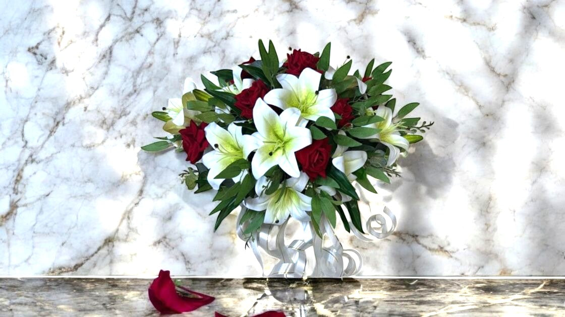 Elegant modern wedding car bonnet bouquet with white and pastel flowers by Alton Flowers, without netting, for a stylish bridal look.