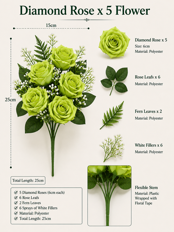 Green artificial flower with diamond accents from Alton Flowers' Flower Diamond Rose x5 Afaux105 collection.