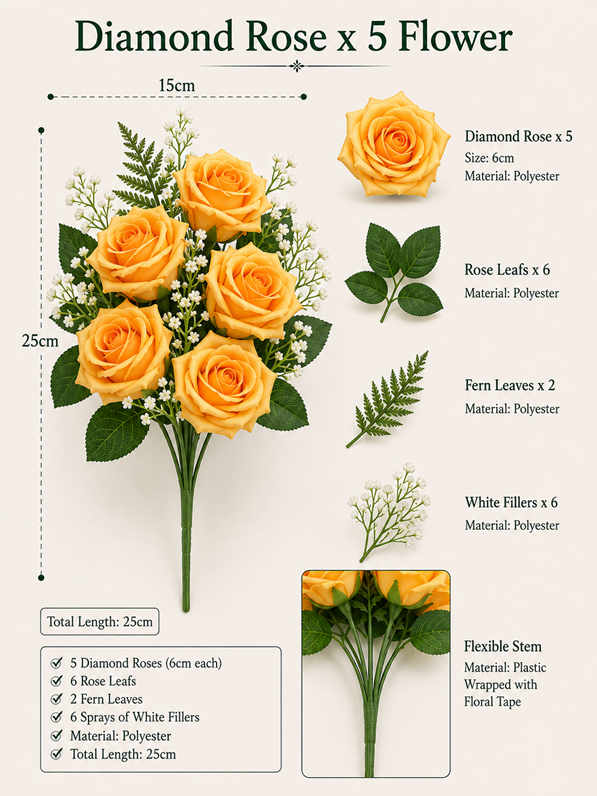 Yellow artificial flower roses from Alton Flowers' Flower Diamond Rose x5 Afaux105 collection.