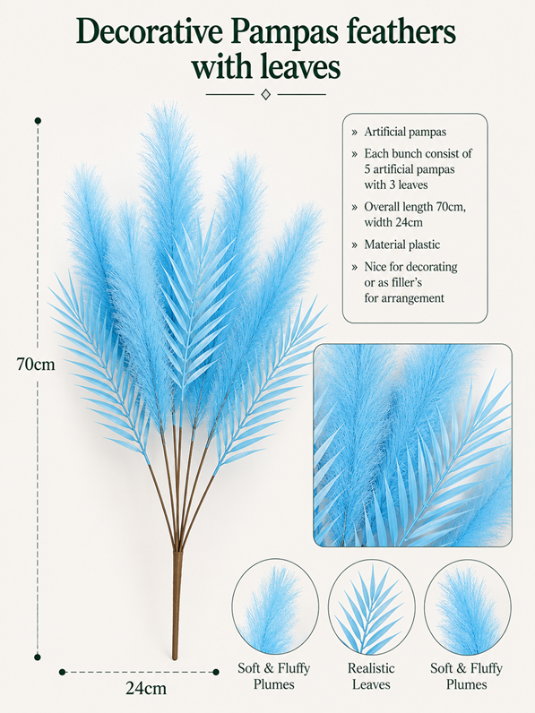 Blue decorative pampas feather filler with leaves from Alton Flowers, showcasing soft feathers and lush greenery.