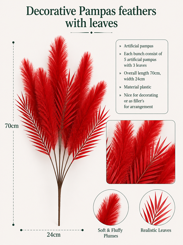 Red decorative pampas feather fillers with green leaves, suitable for floral arrangements by Alton Flowers