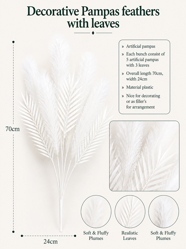 White decorative pampas feather fillers with green leaves, ideal for floral arrangements by Alton Flowers.