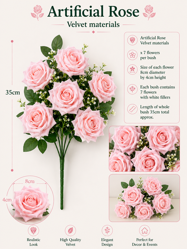 Pink artificial rose flower made of velvet material by Alton Flowers, showcasing realistic floral details.
