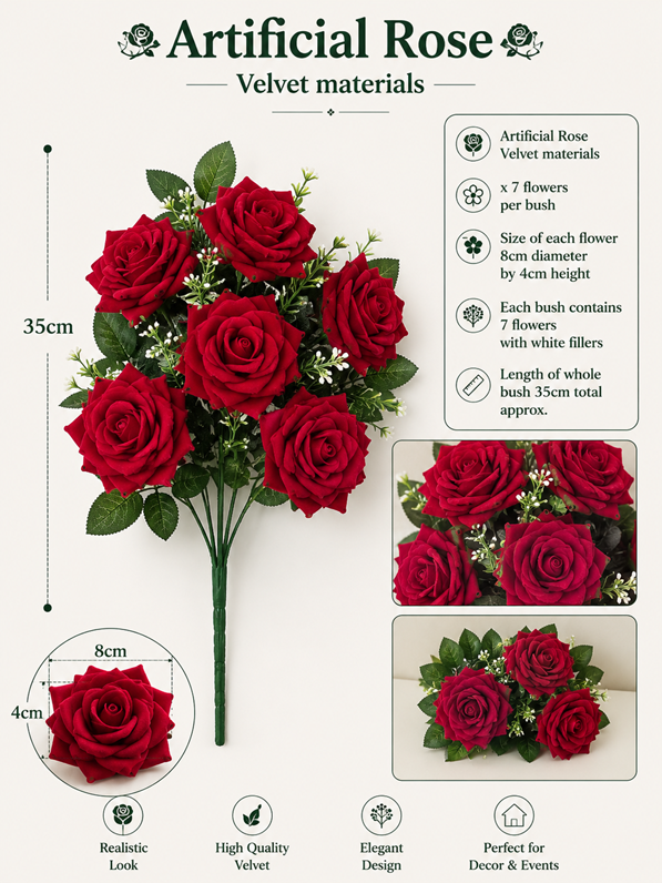 Red artificial velvet rose flower by Alton Flowers, showcasing soft petals and realistic floral details.