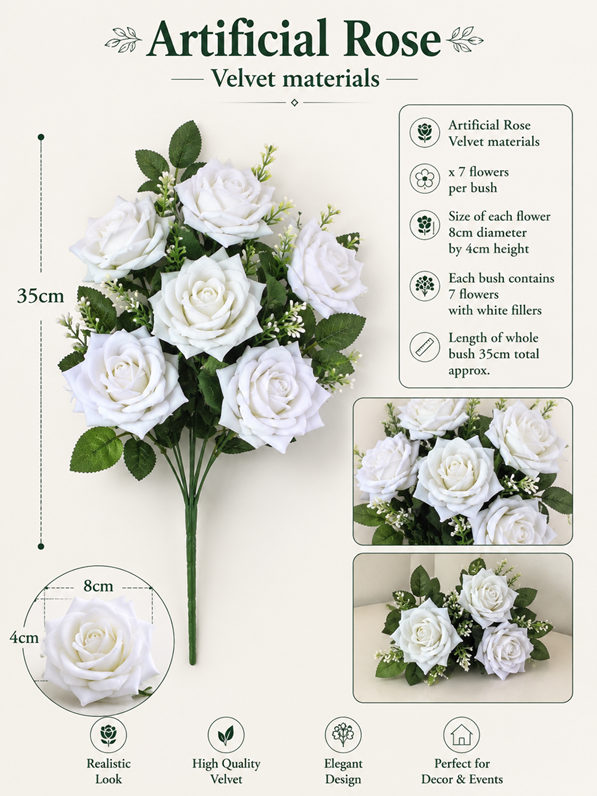 White artificial rose flower made from velvet material by Alton Flowers, showcasing realistic petal details.