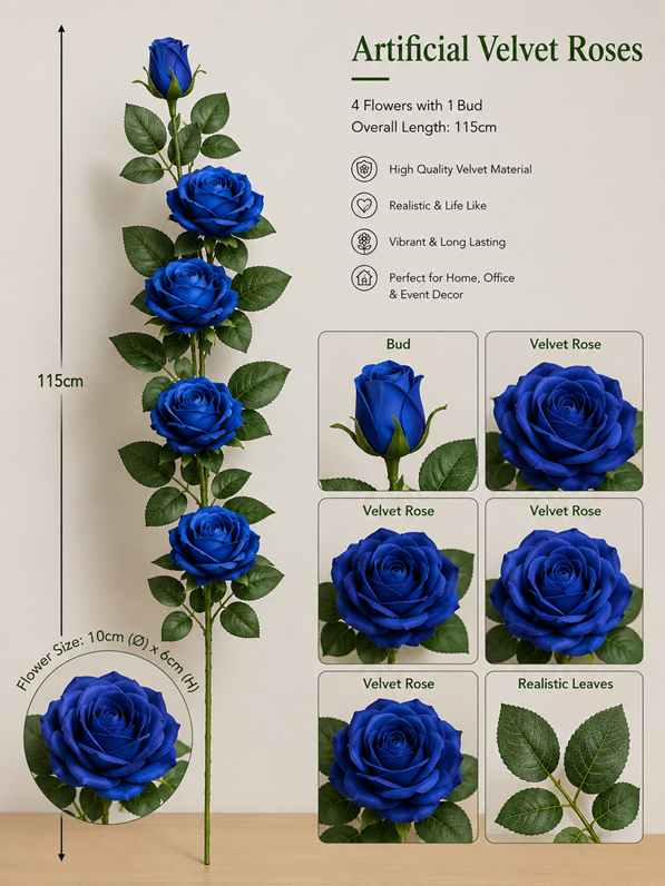 Blue artificial roses with a velvet finish, including four flowers and one bud, from Alton Flowers.