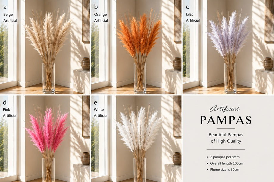 Artificial flower pampas grass by Alton Flowers, showcasing fluffy beige pampas with soft, feathery plumes for home decor.