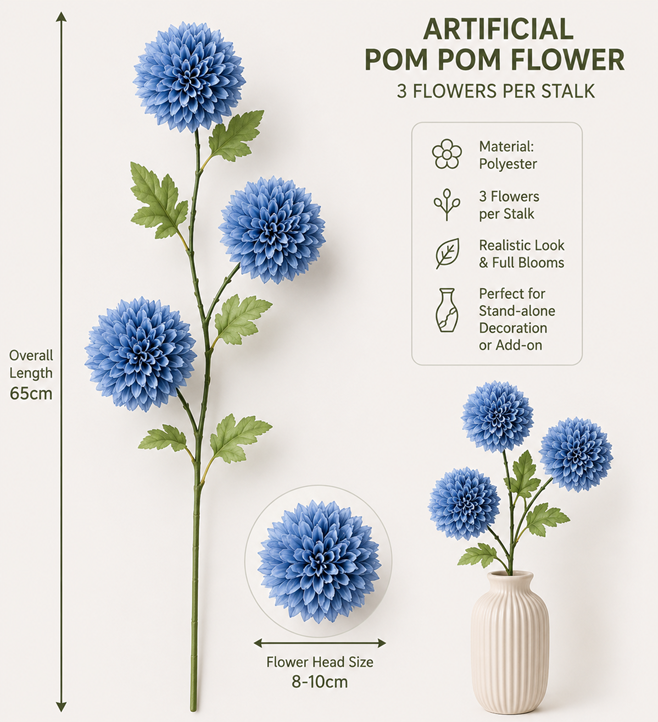 Blue artificial flower pom-pom arrangement by Alton Flowers for home décor, featuring vibrant, fluffy faux floral accents.