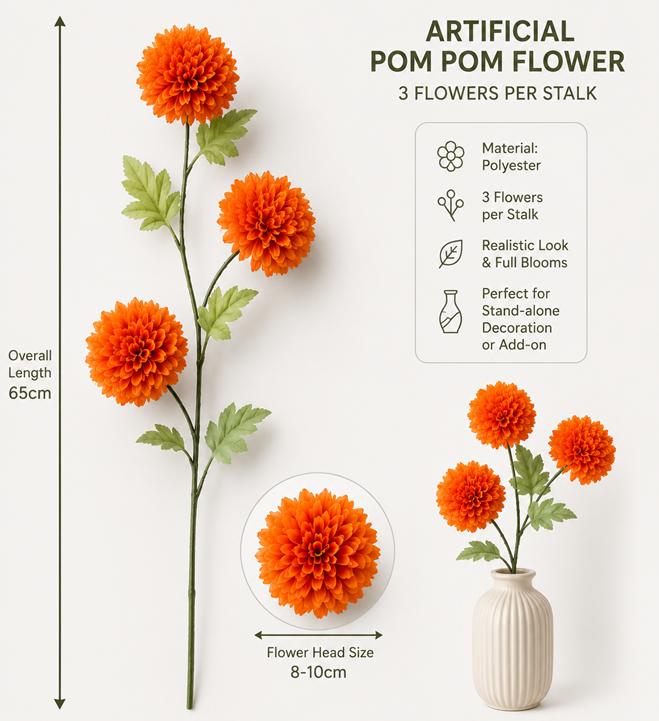 Orange artificial flower pom pom arrangement by Alton Flowers, decorative faux floral décor for home or events.