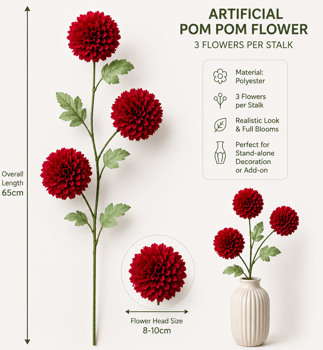 Red flower pom pom artificial arrangement for décor by Alton Flowers, showcasing vibrant faux floral display.