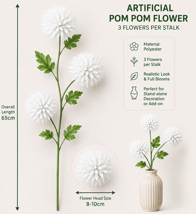 Colorful flower pom-pom artificial arrangement by Alton Flowers for home décor, featuring vibrant, fluffy faux floral accents.