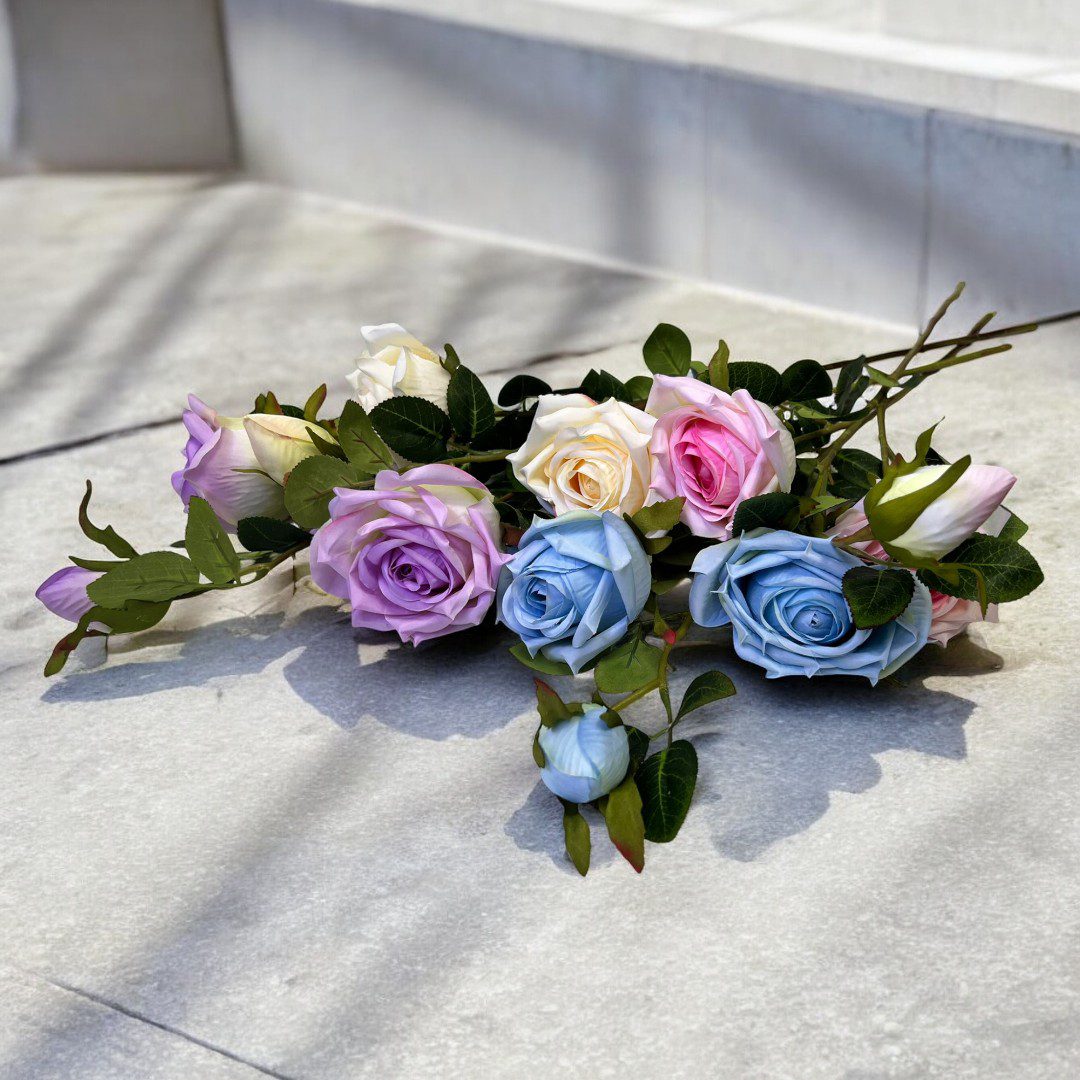 Flower Rose stalk x 2 flowers 1 bud Polyester artificial Afaux642